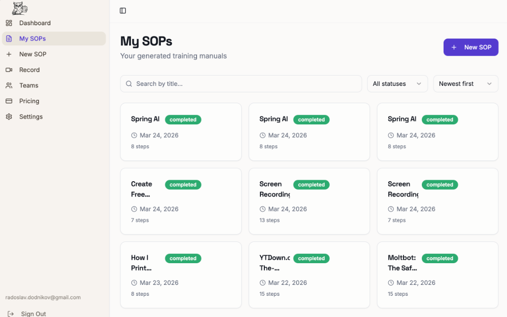 Routinly My SOPs — grid of SOP cards with status badges