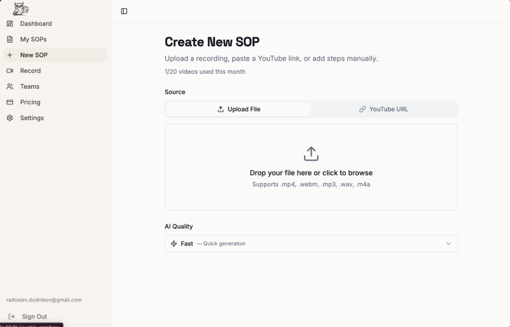 Routinly Create New SOP — upload file or paste YouTube URL